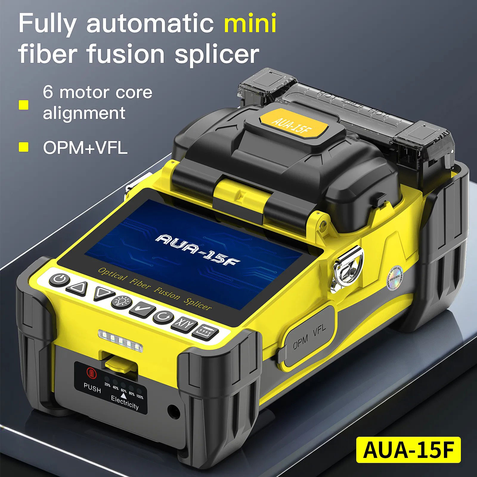AUA-15F Mini Fiber Fusion Splicer 6 Core Alignment Motors Touch Screen OPM VFL 10 Languages 5000mAh for FTTH Network