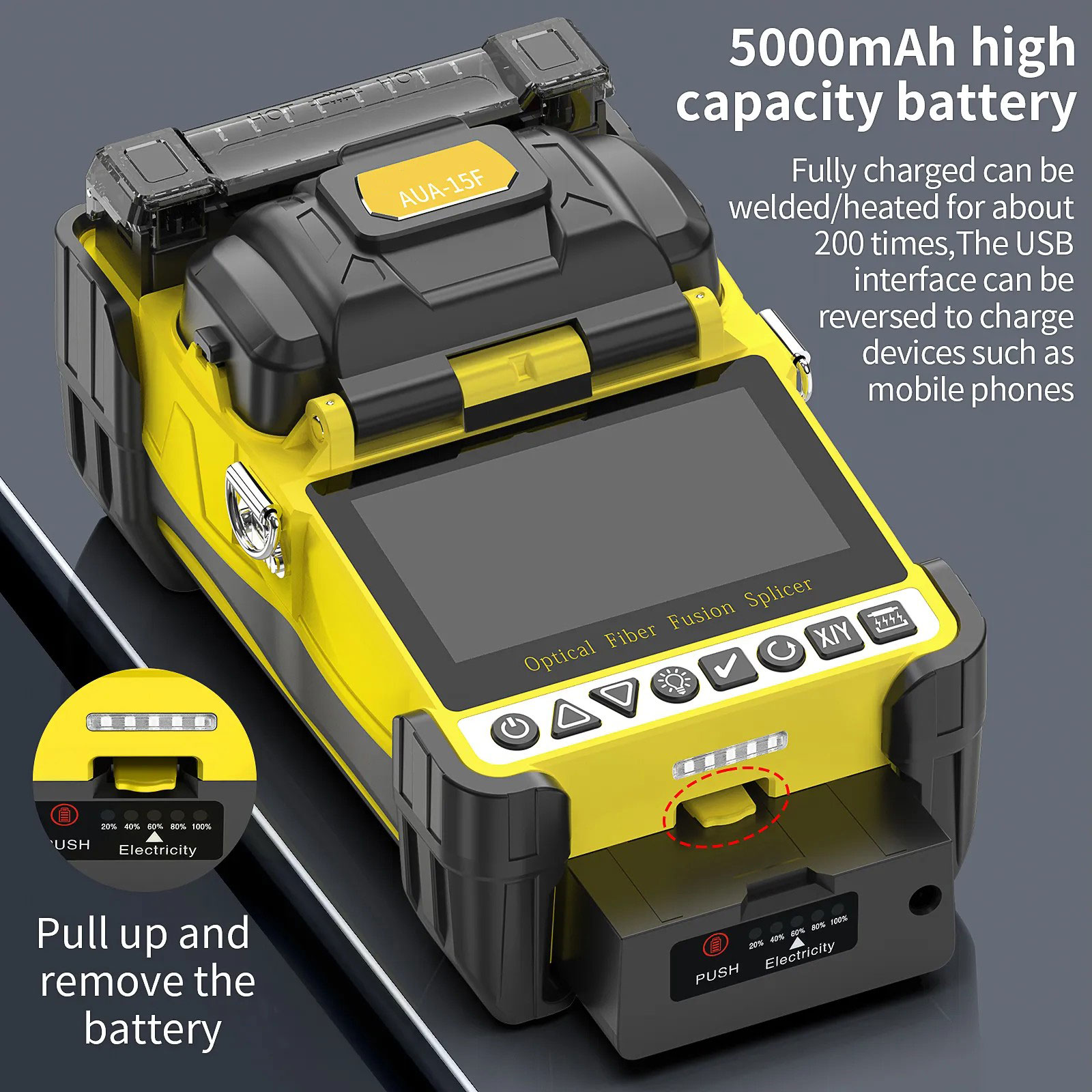 AUA-15F Mini Fiber Fusion Splicer 6 Core Alignment Motors Touch Screen OPM VFL 10 Languages 5000mAh for FTTH Network