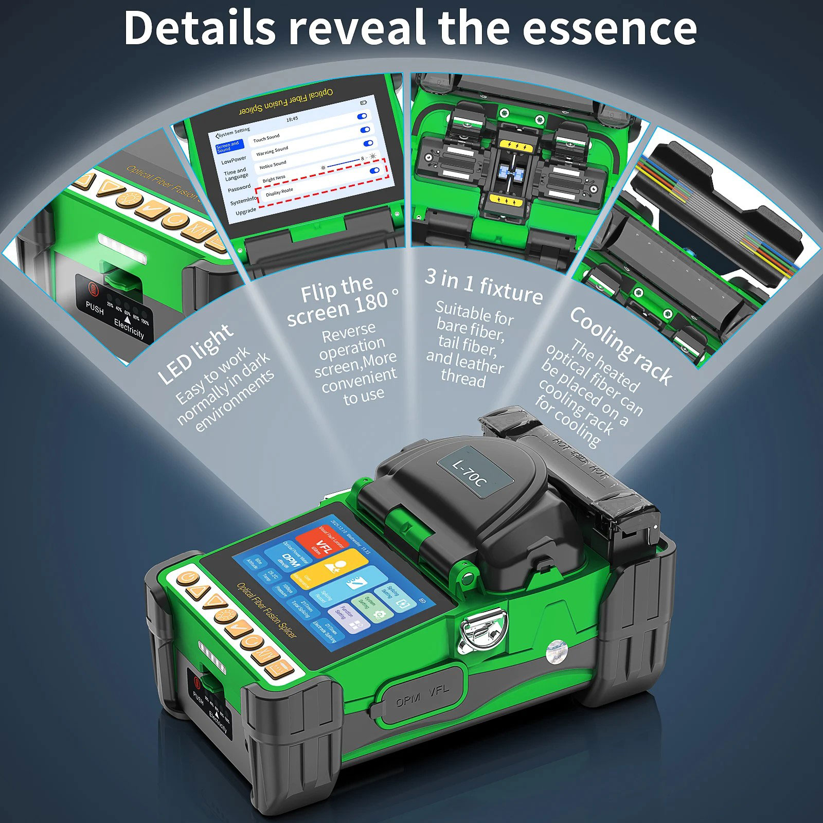 L-70C Mini Fiber Optic Splicing Machine Six Motor Core Alignment Fusion Splicer 4.3 Inch HD Touch Screen Built-in OPM VFL 3 In 1 Fixture 10 Languages 5000mAh Battery