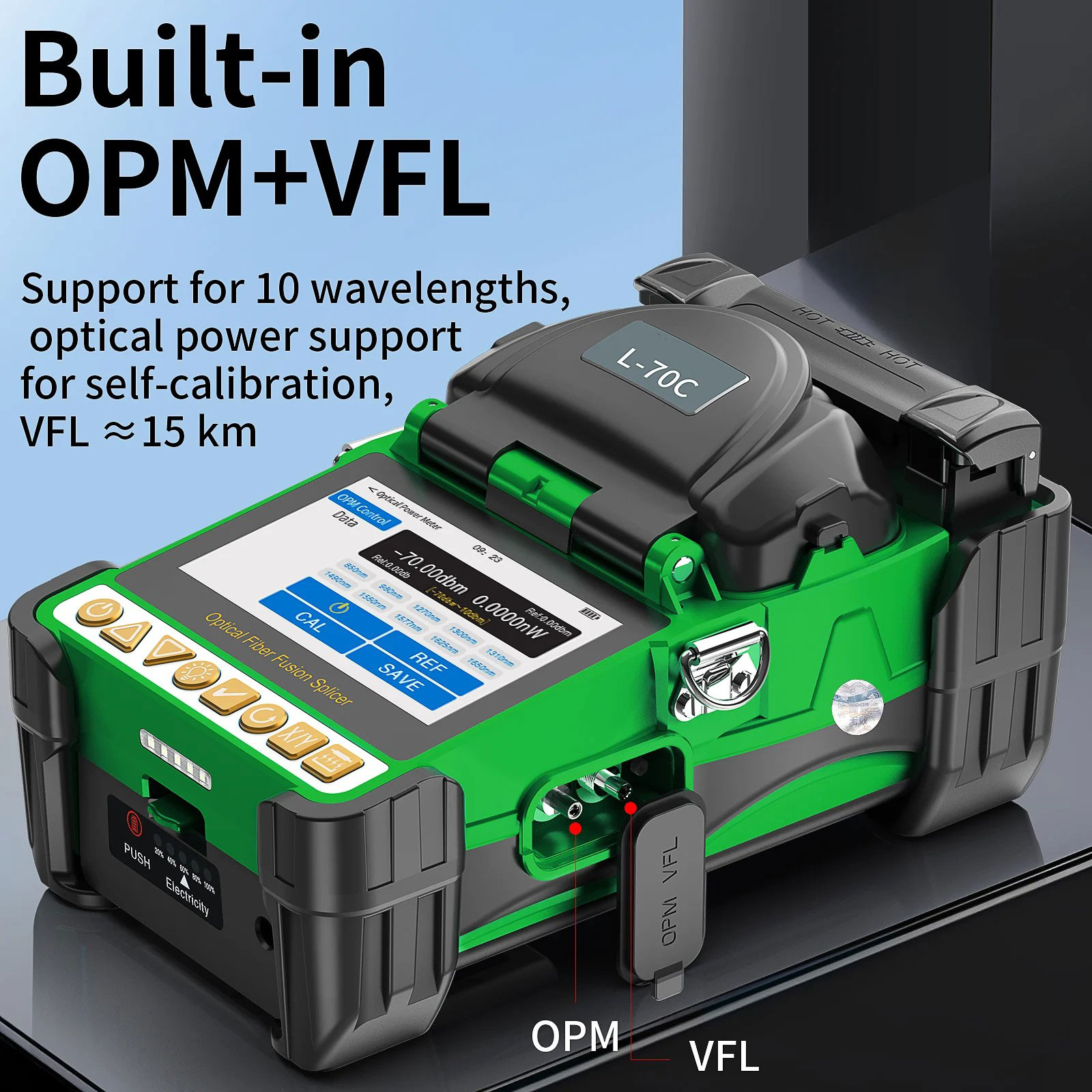 L-70C Mini Fiber Optic Splicing Machine Six Motor Core Alignment Fusion Splicer 4.3 Inch HD Touch Screen Built-in OPM VFL 3 In 1 Fixture 10 Languages 5000mAh Battery