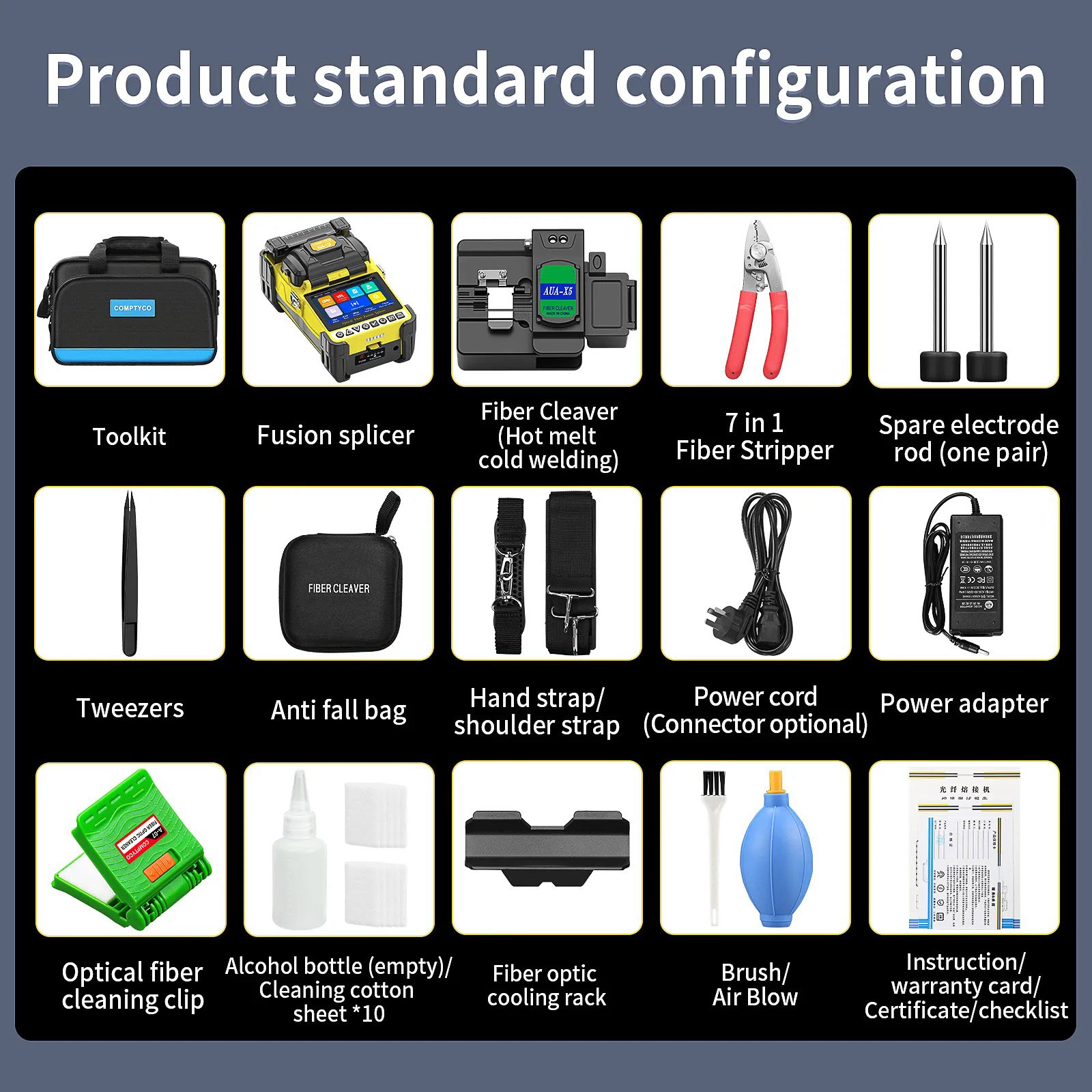 AUA-15F Mini Fiber Fusion Splicer 6 Core Alignment Motors Touch Screen OPM VFL 10 Languages 5000mAh for FTTH Network