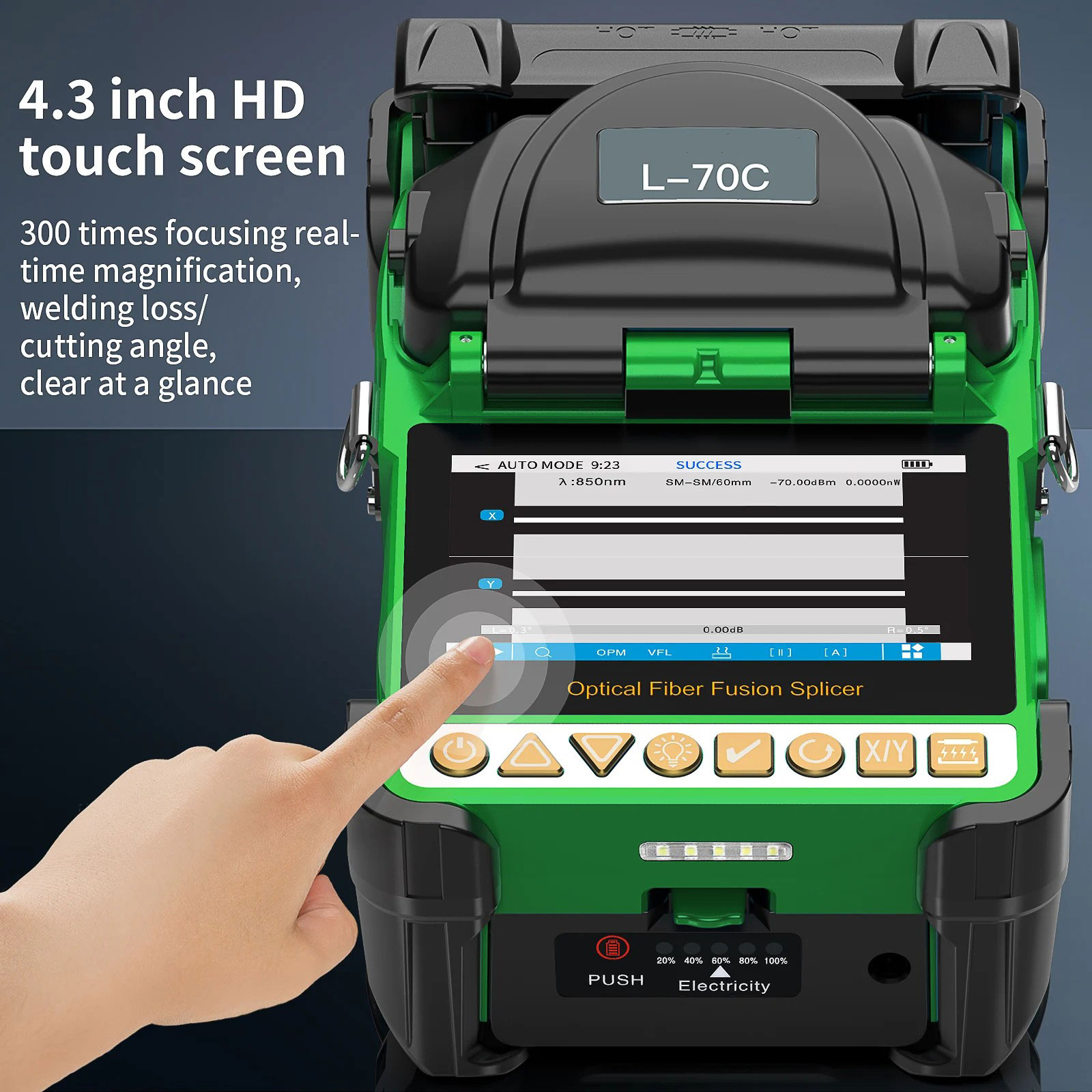 L-70C Mini Fiber Optic Splicing Machine Six Motor Core Alignment Fusion Splicer 4.3 Inch HD Touch Screen Built-in OPM VFL 3 In 1 Fixture 10 Languages 5000mAh Battery