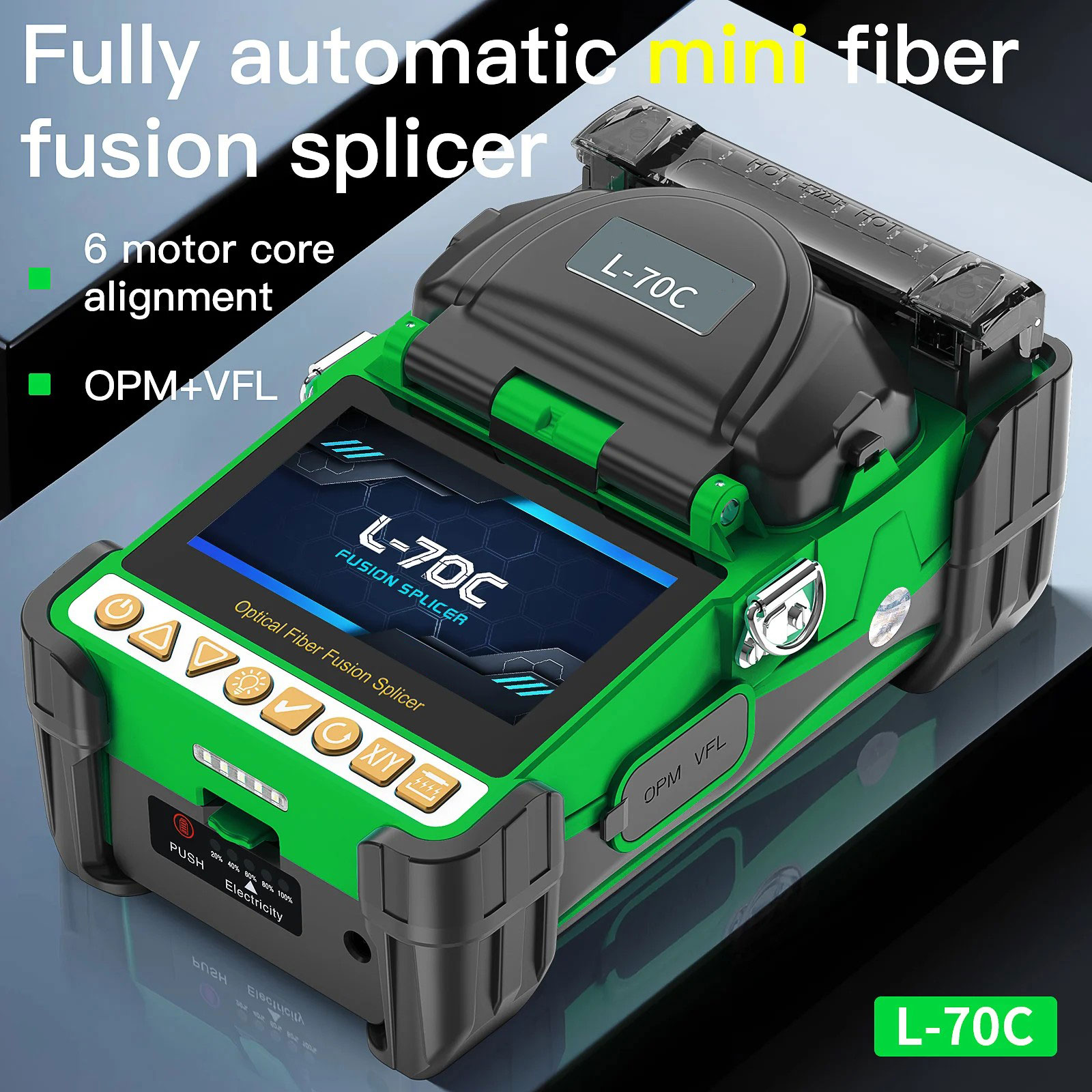 L-70C Mini Fiber Optic Splicing Machine Six Motor Core Alignment Fusion Splicer 4.3 Inch HD Touch Screen Built-in OPM VFL 3 In 1 Fixture 10 Languages 5000mAh Battery