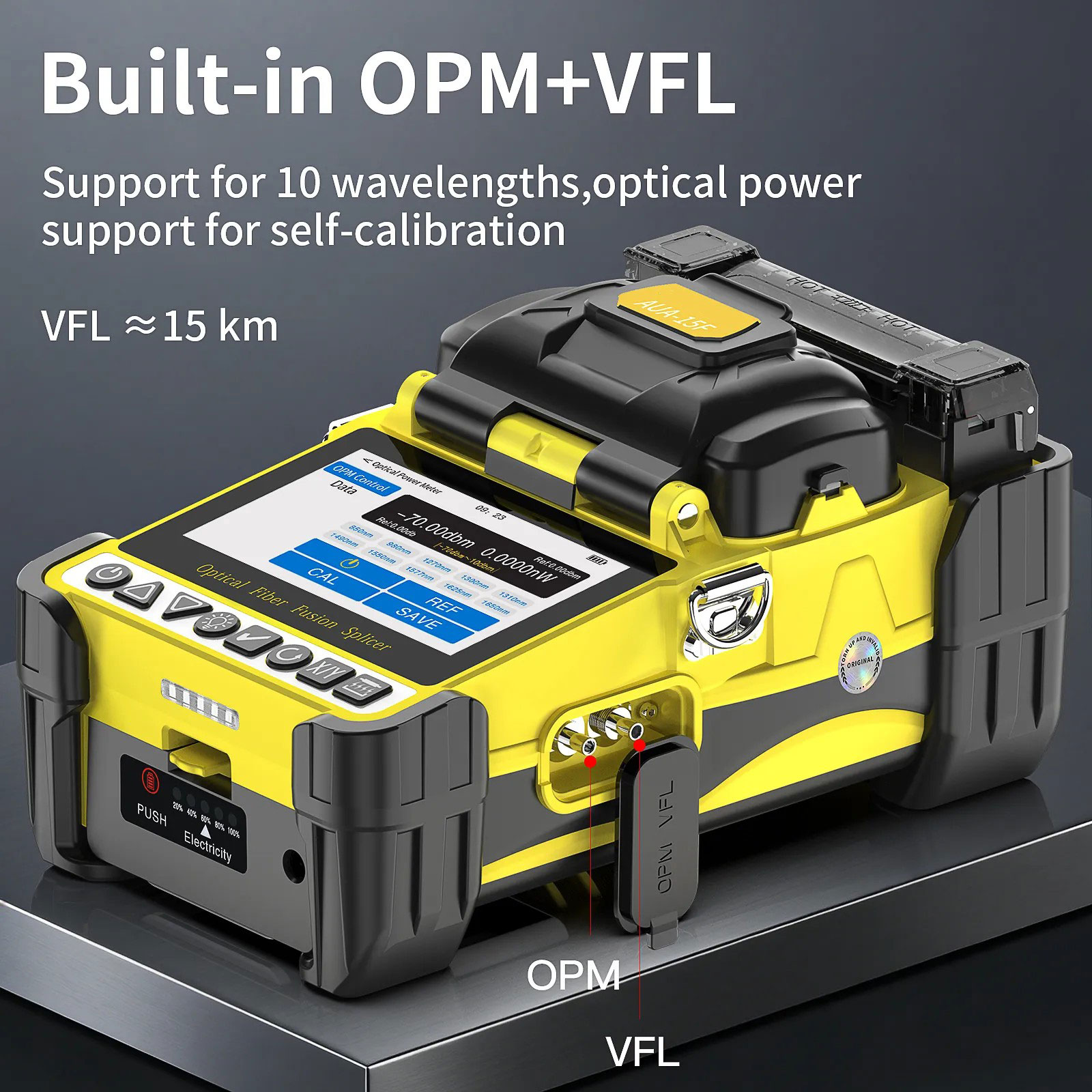 AUA-15F Mini Fiber Fusion Splicer 6 Core Alignment Motors Touch Screen OPM VFL 10 Languages 5000mAh for FTTH Network