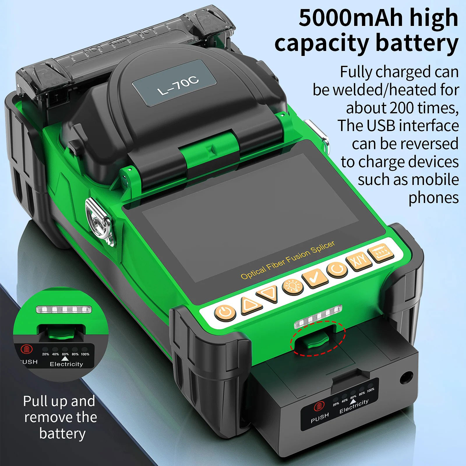 L-70C Mini Fiber Optic Splicing Machine Six Motor Core Alignment Fusion Splicer 4.3 Inch HD Touch Screen Built-in OPM VFL 3 In 1 Fixture 10 Languages 5000mAh Battery